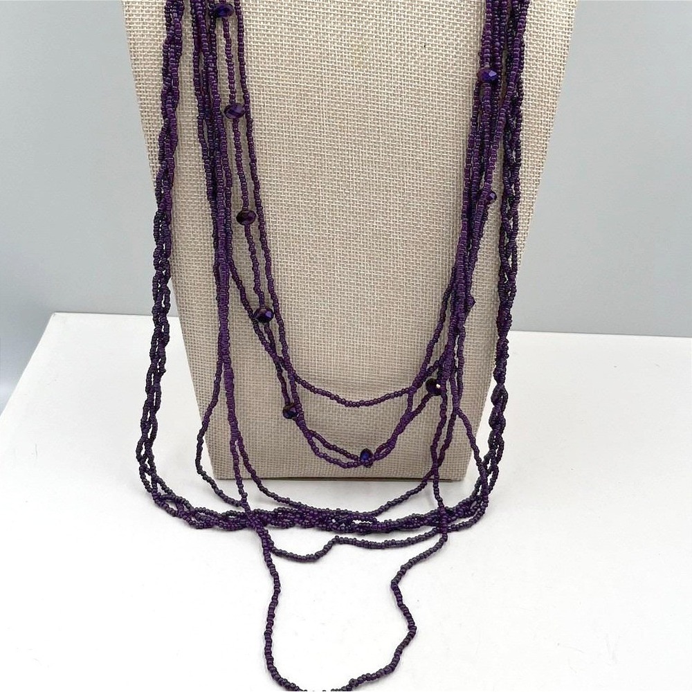 Vtg Purple Multi Strand Seed Bead Necklace Faceted Glass Accents Boho Statement